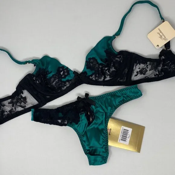 Agent Provocateur Nayeli SOIREE Green Black Silk Set 32B/2 NWT